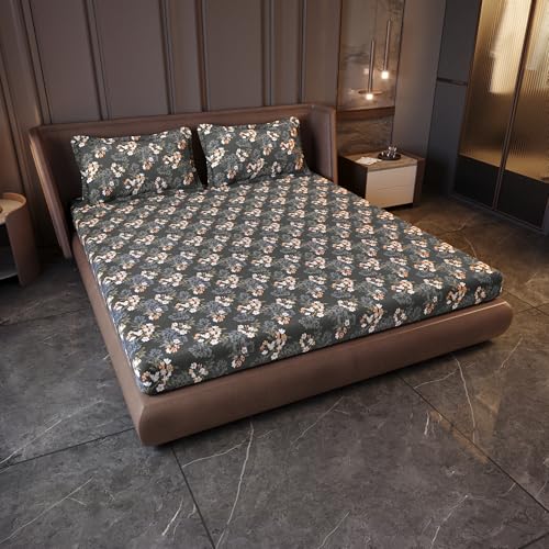 Image of Divine Casa 144 TC Cotton King Size Bedsheet with 2 Pillow Covers | Soft Comfortable Bedsheet for King Size Bed | Breathable Printed Bedding Set | 270 x 270 cm (Graphite Shade, Floral)