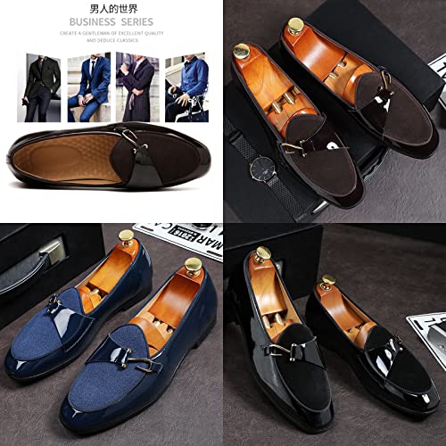 Men's Pointed-Toe Tuxedo Dress Shoes,Fashion Patent Leather Splicing Suede Casual Business Derby Oxford Slip-on Loafer3