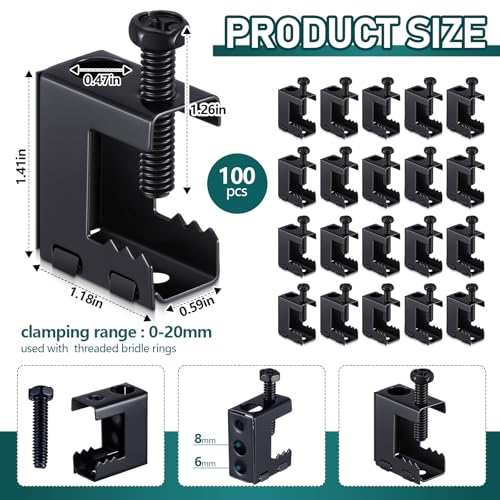Image of Tandefio 100 Pcs 1 /4 inch-20 Spring Steel Beam Clamps Metal Beam Hangers Bolt on Clamp for Installation on Beams 1 /4 inch and 3 /8 inch Threaded Rod, S Hooks Bridle Rings for Pipe Cable Woodworking Tool (Black)