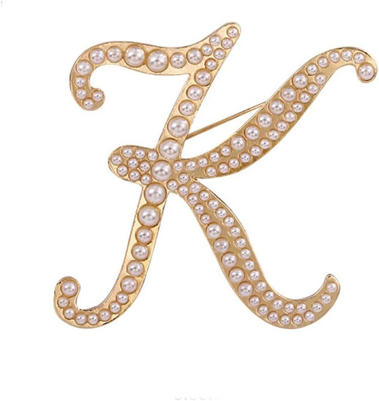 Gold Initial A-Z Brooch Pin White Pearl Beaded 26 Letter Lapel Pin Capital Letter Breastpin for Women Men Dress Suit Sweater Accessories Fall Winter Fashion Jewelry