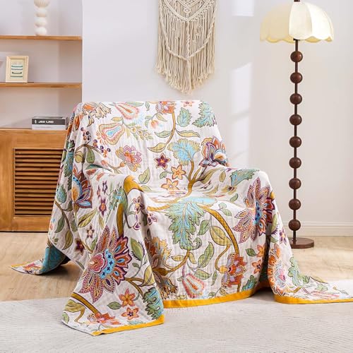 Image of XIBLC Boho Throw Blanket for Bed, 100% Cotton Soft Rustic Quilt Fall Blanket, 50 inchx60 inch Floral Printed Farmhouse Decor Bed Blankets, All Season Rustic Reversible Bohemian Throw Quilt