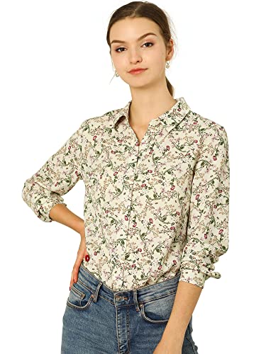 Allegra K Women's Button Down Shirt Work Office Tops Long Sleeve Point Collar Floral Blouse