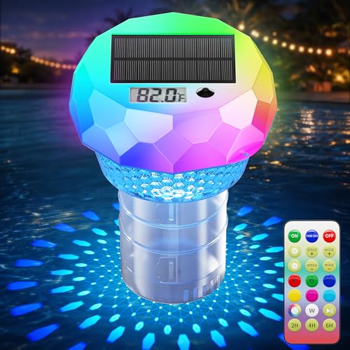 Ketom Solar Pool Chlorine Floater with Thermometer - Remote Control Floating Chlorine Dispenser with RGB Waterproof Pool Light Chlorine Tablet Floater 3 inch for Outdoor Swimming Hot Tub Spa