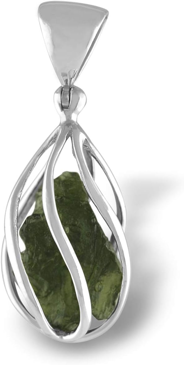 Natural Moldavite Pendant in Sterling Silver Cage