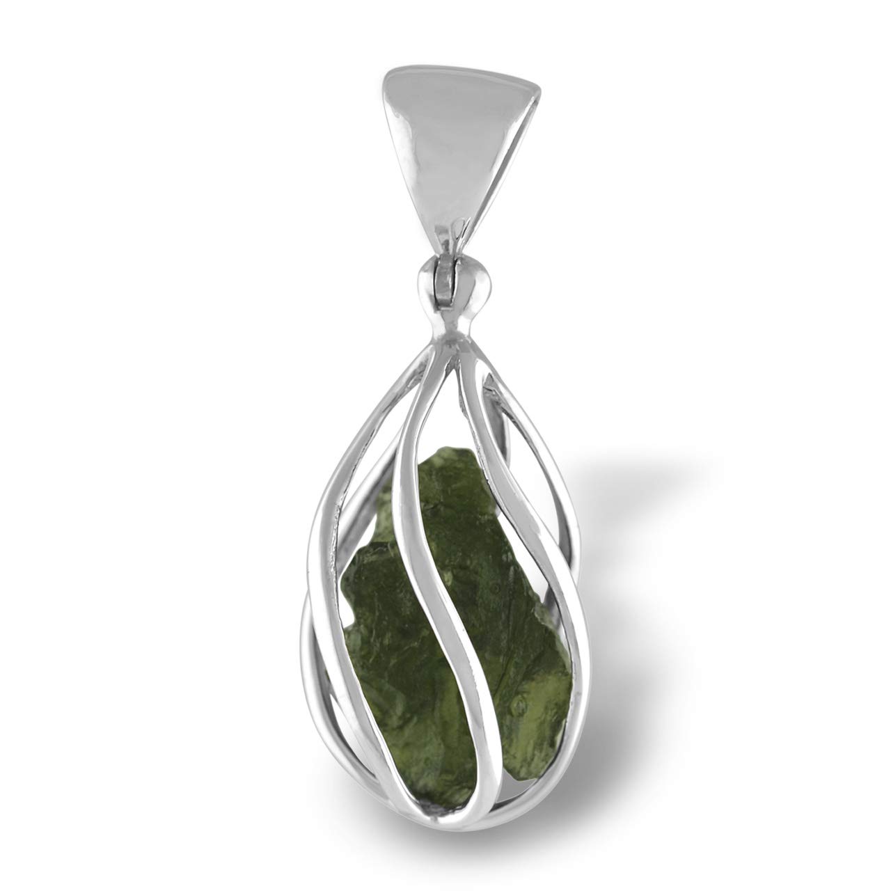 Natural Moldavite Pendant in Sterling Silver Cage