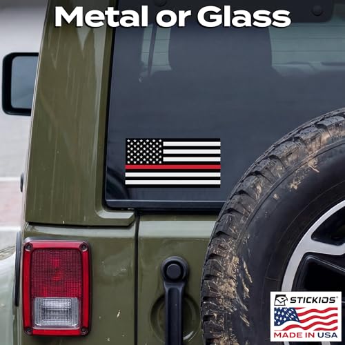 Image of Stickios Firefighter Sticker American Flag Thin Red Line - Made in USA | Decal for Cars, Trucks & Vehicle Windows (5.8 x 3.1 inches)