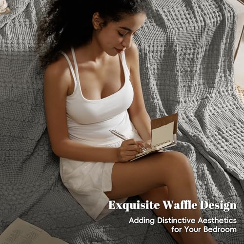 Image of PHF 100% Cotton Waffle Blanket King Size for Bed, Lightweight Breathable and Soft for Summer, Luxury Aesthetic Waffle Weave Blanket for Home Decor & Gifts for Women, 108 inchx90 inch, Dark Grey