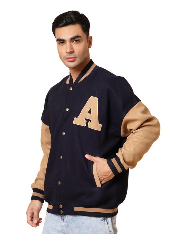 Image of CHKOKKO Men's Oversized Varsity Jacket with Snap Button Closure and Patch Design Trendy Comfortable Outerwear for College Travel and Casual Wear