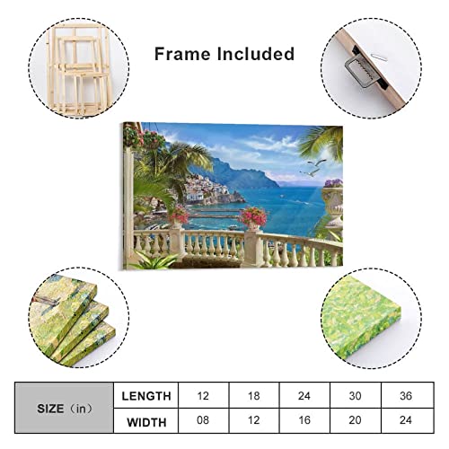 Ocean Wall Art Mediterranean Style Terrace Landscape Wall Art Floral Seagull Canvas Painting Posters And Prints Wall Art Pictures For Living Room Bedroom Decor 24X36Inch(60X90Cm) Frame-Style #TOP1