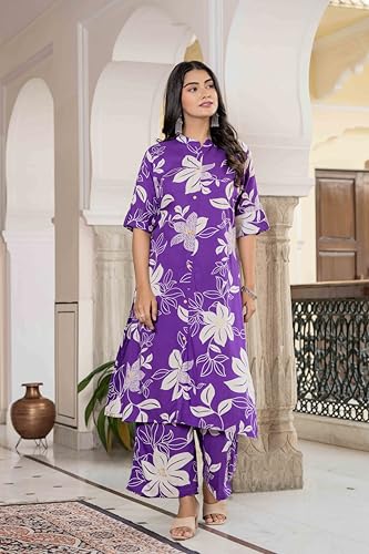 Image of Women's Floral Print Rayon Kurta Palazzo, Round Neck Half Sleeve, Regular Fit, Ethnic Casual Wear