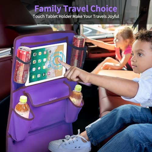 Image of LUCMO Car Backseat Organizer with Touch Screen Tablet Holder, Dark Purple | 9 Storage Pockets,Clear Tablet Holder,Protectors Kick Mats,Travel Accessories,Seat Cover,Road Trip Essentials