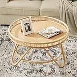 FINECASA Round Rattan Coffee Table, 32'' Wicker Boho Hand-Woven Top, Modern Unique Farmhouse Tray Top Center Table for Living Room Apartment Small Space, Natural Rattan