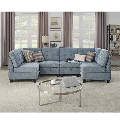 Melpomene U Shape Sectional Sofa Diy Sofa Combination，Includes Four Single Chair And Two Corner (Blue, Chenille+Four Single Chair) #TOP12