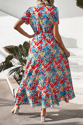 Image of PRETTYGARDEN Women's Summer Wrap Maxi Dress Casual Boho Floral V Neck Short Sleeve Ruffle Hem Split Beach Long Dresses