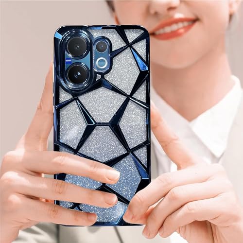 Image of VONZEE Gradient Glitter Case for VIVO V60, Luxury Electroplated 3D Cube, Diamond Bling Shiny Soft TPU Clear Shockproof Women Girls Protective Phone Cover (Blue)