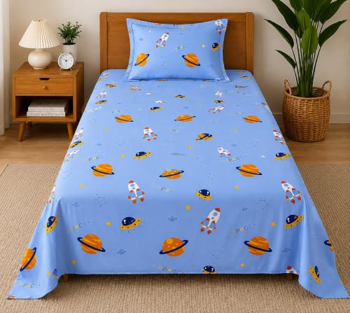 Image of Microfibre Printed Bed Kids Room Bedsheet with Pillow Covers (Blue, Single)