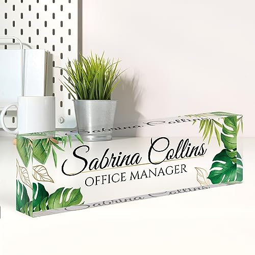 Image of Custom Name Plate for Desk, Desk Name Plate Personalized, Office Decor for Women Men, Acrylic Desktop Accessories, Office Appreciation Gifts for Boss Social Workers Nurse Teacher Employee(Green Leaf)