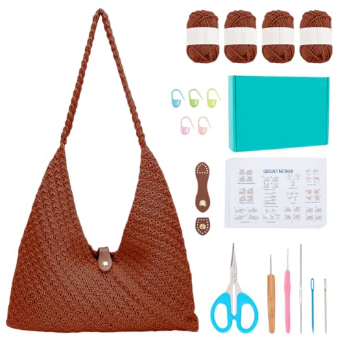 Image of ACRNIGHEET Crochet Beach Bag Crochet Kit for Beginners Caramel Tote Bag Knitting Kit with Yarn and Hook DIY Craft Kits Gift for Adults with Video Guide Tutorial Crochet Starter Kit