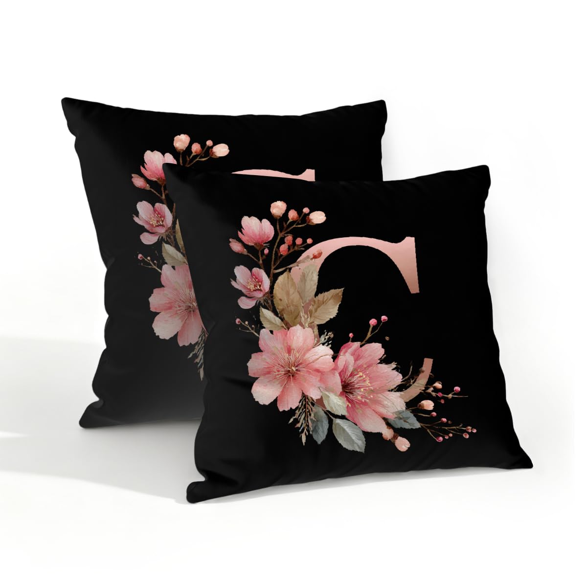 Outdoor Pillow Covers Waterproof Pillowcases 18x18in Set of 2 Botanical Floral Alphabet C On Black Decorative Throw Cushion Case for Couch Sofa Garden Patio Furniture