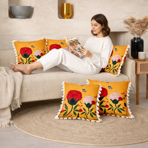 Image of STITCHNEST 'Little Meadow Series' Tassled Cushion Cover | Set of 5 | Floral Cushion Cover 16 inch x 16 inch