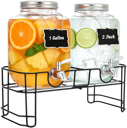 1 Gallon Glass Beverage Dispenser, 2 Pack Glass Drink Dispensers ...