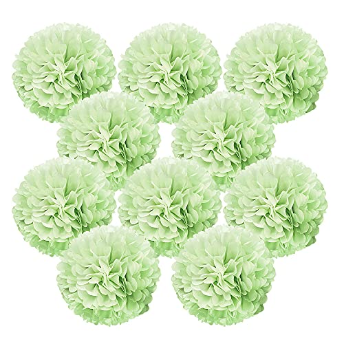 WIRESTER 10 Pcs Flower Pom Poms 15 inch Tissue Paper Decorations for Wedding, Party, Birthday, Baby Shower - Light Green