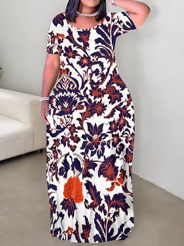 Image of PinkPatty Plus Size Maxi Dress for Curvy Women Crew Neck Long Sleeves Casual Dress Vacation Sundresses with Pockets