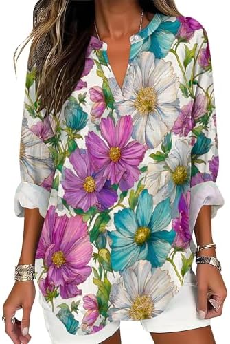 YZCX Blouses for Women Dressy Casual Lightweight V Neck Retro Floral Printed Oversized Long Sleeve Cotton T Shirts Style19 M