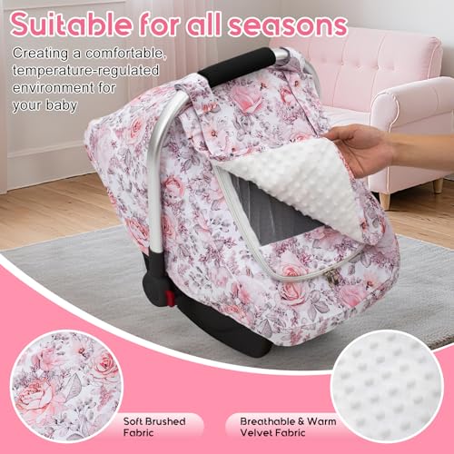 Image of Car Seat Cover Baby Girls, Mink Dot Carseat Covers for Newborn with Breathable Mesh and Sun Shade Window, Warm Stretchy Infant Car Seat Canopy Snug Fit Baby Carrier, Stroller