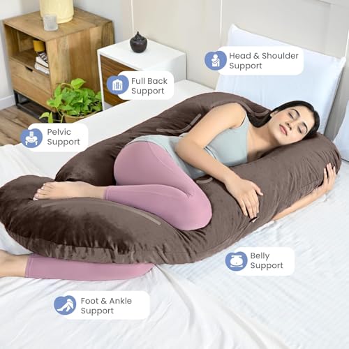 Image of G-Shaped Sleeping Pregnancy Pillow| Removable Velvet Covers| PregnoCare Fibres| Baby Shower Gift, Maternity, Nursing| Full Body Soft-Support Bump, Head, Back, Shoulder, Hips, Legs and Belly (Brown)