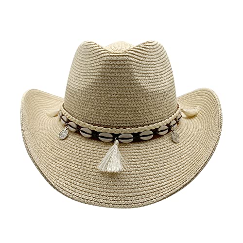 Image of Western Straw Cowboy Hat for Women Beach Sun Hat for Men Wide Brim Fedora Hat Cowgirl Hats Summer Panama Hat