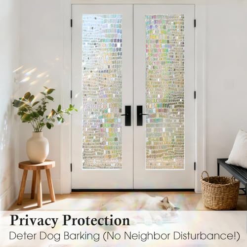 Image of Windimiley Rainbow Window Privacy Film, 3D Stained Glass Christmas Decorative Window Clings, UV Heat Blocking Holographic Prism Stickers for Home (23.6 x 394In,Pure)