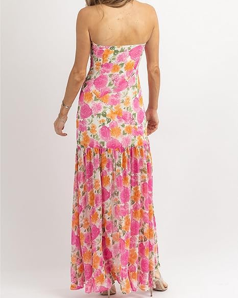 Image of Women 's Tube Top Dress Sleeveles Strapless Backless Mesh Patchwork Tropical Leopard Print High Slit Maxi Dress