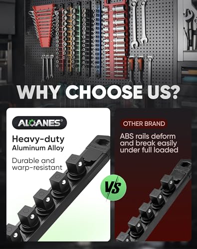Image of ALOANES Magnetic Socket Organizer Set of 3, Heavy-Duty Aluminum 360 Swivel Clip Socket Holder, Compatible with 1 /2 inch, 3 /8 inch, 1 /4 inch Sockets, Includes 40 Clips, Tool Box Drawer Storage (Black)