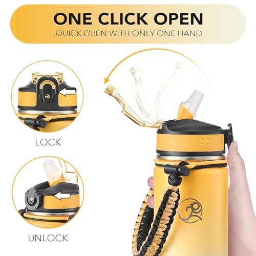 Image of GOSWAG 24oz Insulated Stainless Steel Travel Water Bottle, 2 Lids | with straw and no straw, Paracord handle, Double-wall vacuum keeps drinks cold or hot, Leakproof tumbler