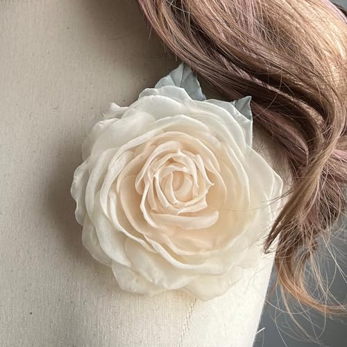 Image of Camellia Bees Handmade Silk Rose Brooch 3.5 inch - Elegant Organza Flower Corsage Pin for Women, 12th Silk Anniversary Keepsake for Her (Off White)