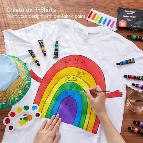 Shuttle Art Textilfarbe waschmaschinenfest, 15 x 12ml Stoffmalfarben waschfest in Tube mit 3 Pinseln, wasserfeste Stofffarben für Erwachsene, Kinder zum Malen und Färben auf T-Shirt, Schuhe, Jeans