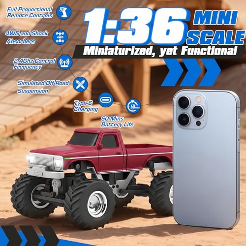 Image of [4WD Edition 1 /36 Scale Mini RC Crawler Car, Toys for Age 8-14 Old Birthday Gifts, Micro RC Truck 4x4 Small Cars with Off Road Full Proportional RTR 2.4GHz Remote - Red