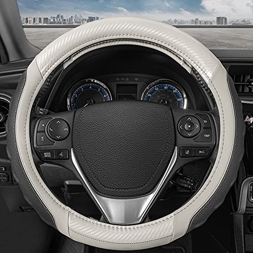 Image of Motor Trend UltraSport White Carbon Fiber Steering Wheel Cover, Standard 15 inch Size, Black Faux Leather Comfort Grip, Car Steering Wheel Cover for Auto Truck Van SUV
