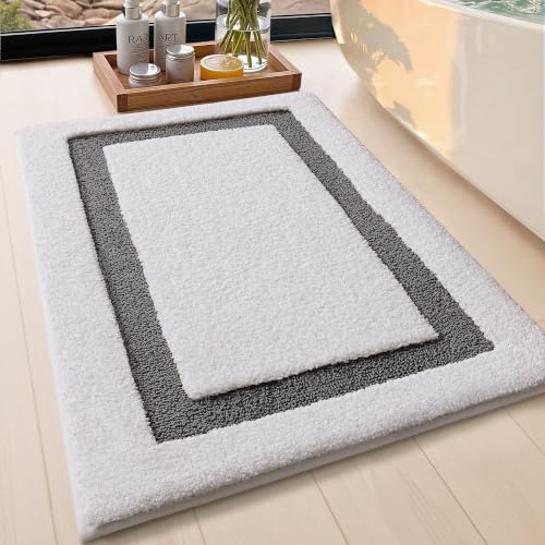 Image of Color&Geometry White Bathroom Rugs 36x24, Extra Soft Absorbent Microfiber Bath Rug, Non-Slip Bathroom mat, Washable Plush Bath Mats for Bathroom, Shower, Bathtub, Laundry, White Gray