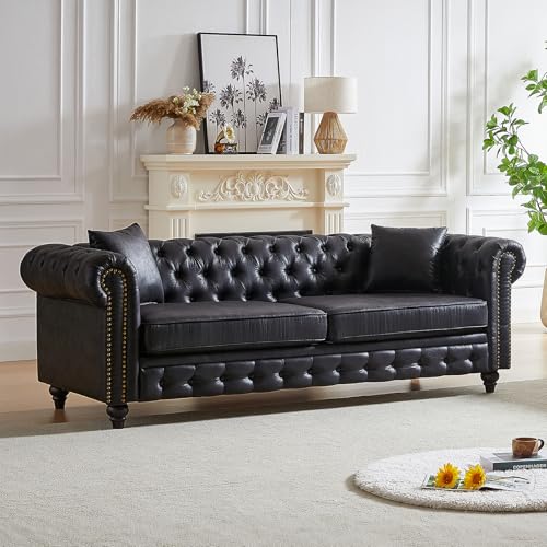 Image of Mid Century Modern Couch, 85.5 inchW Faux Leather Button Tufted Oversized Loveseat Sofa with Nailhead Trim & Roll Armrests, Deep Seat Comfy Chesterfield Sofa for Living Room, Office(3 Seater, Black)