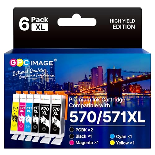 GPC Image 570XL 571XL Ink Cartridges Compatible for Canon 570 571 Ink Cartridges for Canon PIXMA MG5750 MG5751 MG5700 MG5500 TS6050 MG6800 MG6850 MG6851 TS5000 TS5050 TS5051 (PGBK/BK/C/M/Y 6 Pack)