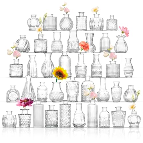ROLLSCERAY Knospenvasen, 40 Stück, kleine Glasvasen für Tafelaufsätze, kleine Blumenvasen für Tafelaufsätze, Vintage-Mini-Vase, klare Knospenvase für Hochzeitstischdekoration