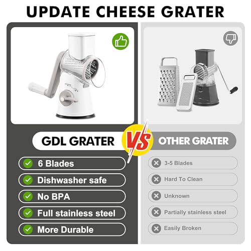 Image of GDL Cheese Grater Hand Crank - Upgraded 6-in-1 Cheese Grater with Handle and Strong Suction Base, Multi-purpose Cheese Shredder Vegetable Slicer Ice Shaver for Potato, Vegetables, Nuts, Chocolate
