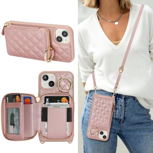 Hamany Crossbody Wallet Case for iPhone 13 PU Leather Zipper Handbag Purse Flip Cover Kickstand Folio Case with Card Slots Holder Wrist Strap Lanyard 5G 6.1 Inch-Rose Gold