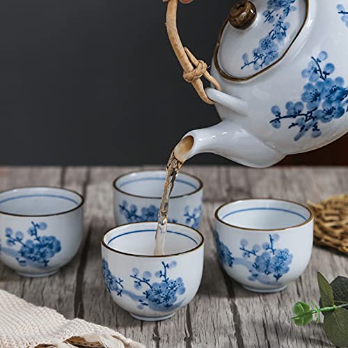 fanquare Juego de Té Japonés de Porcelana Azul y Blanca, Servicio de Té de Flor de Ciruelo, Tetera de Cerámica con Mango… - Imagen 4