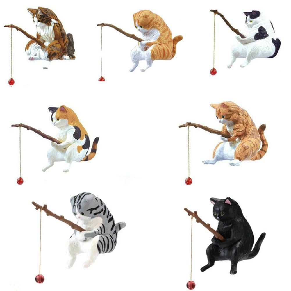 CTRLZS 7PCS Cats Fishing Figurine Cats Sculpture Sitting Fishing Little Cute Cats Resin Ornament Decorative Furnishings High Guality