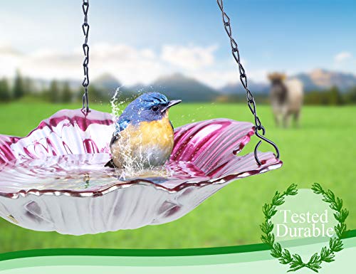 Mumtop 12-Inch Hanging Bird Bath Glass Bird Bath Outdoor Bird Feeder For Garden Decoration Pink Flower Pattern (Lace Shape) #TOP3