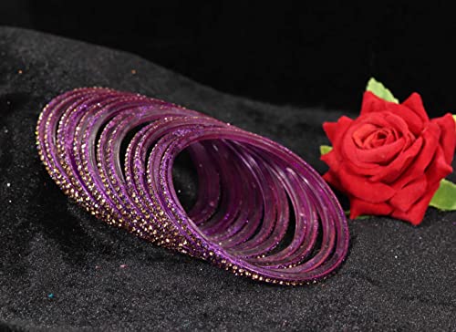 Image of NMII Glass with Zircon Gemstone and Beads Studdded Glossy Finished Traditional Bangle Set For Women and Girls