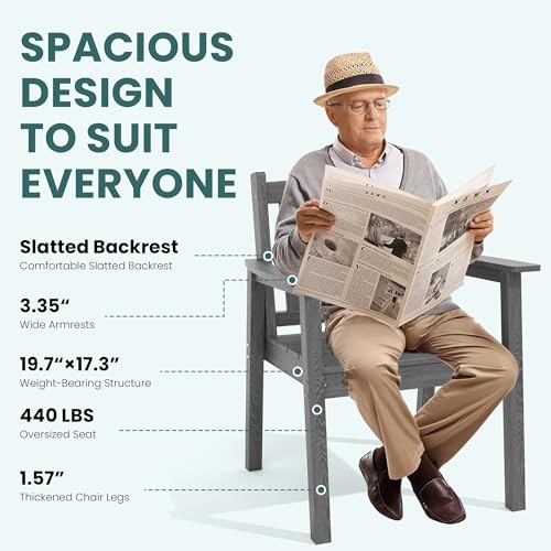 Image of Pamapic Patio Dining Table Set, 5-Piece Outdoor Dining Set for 6, Grey | 1 Rectangular Table, 2 Chairs & 2 Benches, Wood-Grain HDPE, Elegant Armrests, All-Weather Design, Umbrella Hole